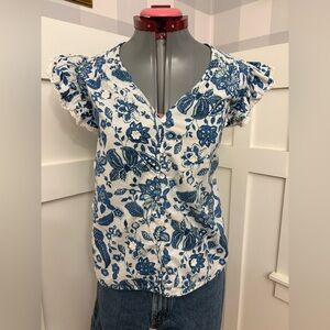 Jennifer Grace Cotton Blue and White Floral Blouse Size XL